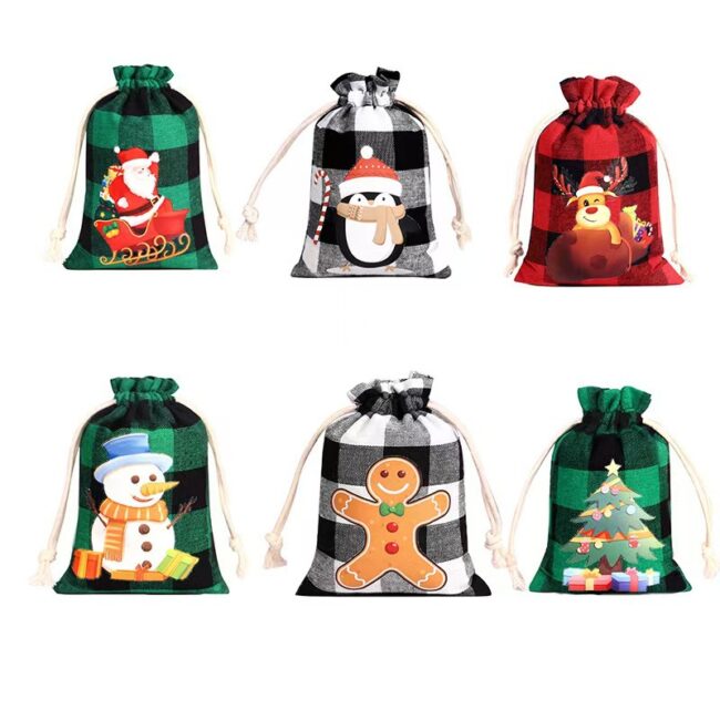 Christmas Plaid Cotton Drawstring Gift Bags for Candy Storage