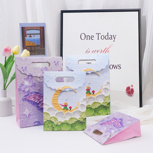 Creative Oil Painting Paper Gift Bag with Handle for Birthday and Gifts