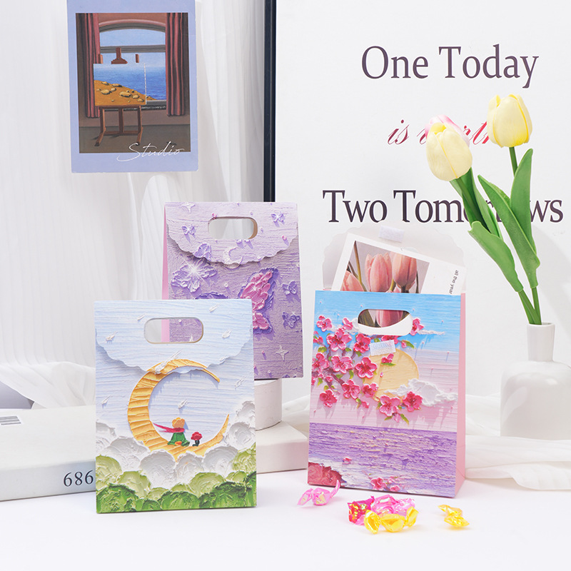 Creative Oil Painting Paper Gift Bag with Handle for Birthday and Gifts