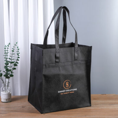 Durable non woven tote bag with glossy lamination for added strength and visual appeal. Ideal for gift packaging, takeaway services, promotional events, and retail brand advertising.