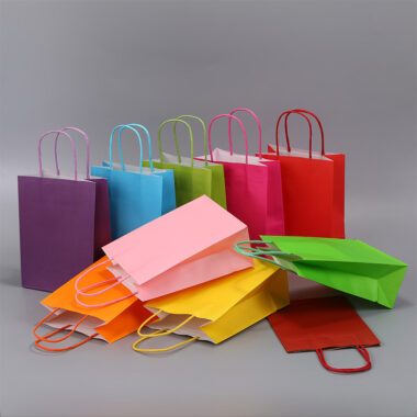 Candy Color Kraft Paper Bag with Handles, Square Gift Packaging Bag