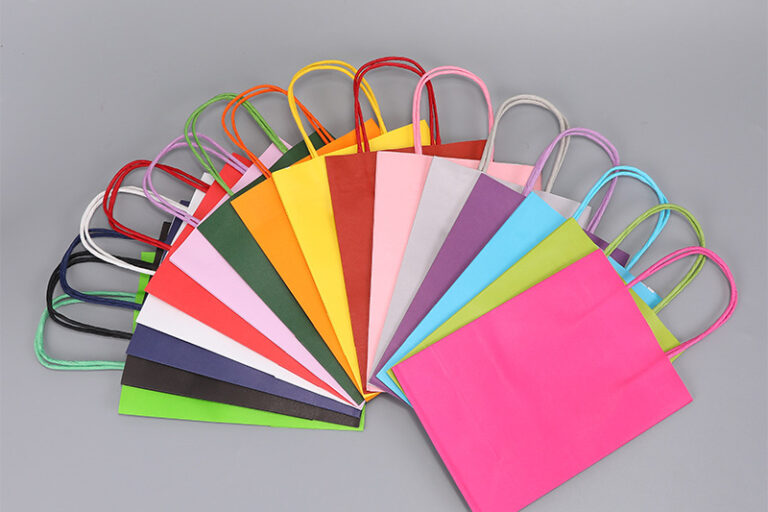 Candy Color Kraft Paper Bag with Handles, Square Gift Packaging Bag